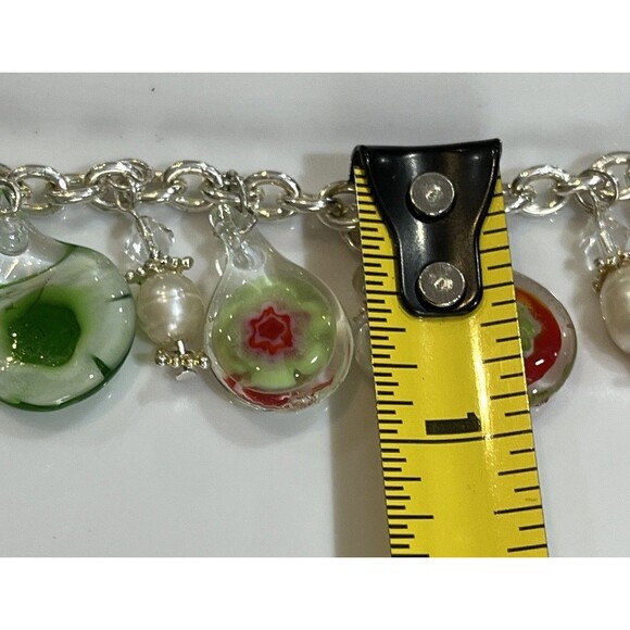 MURANO Glass Red & Green Fresh Water Pearl Charm Bracelet 7in - Picture 5 of 9
